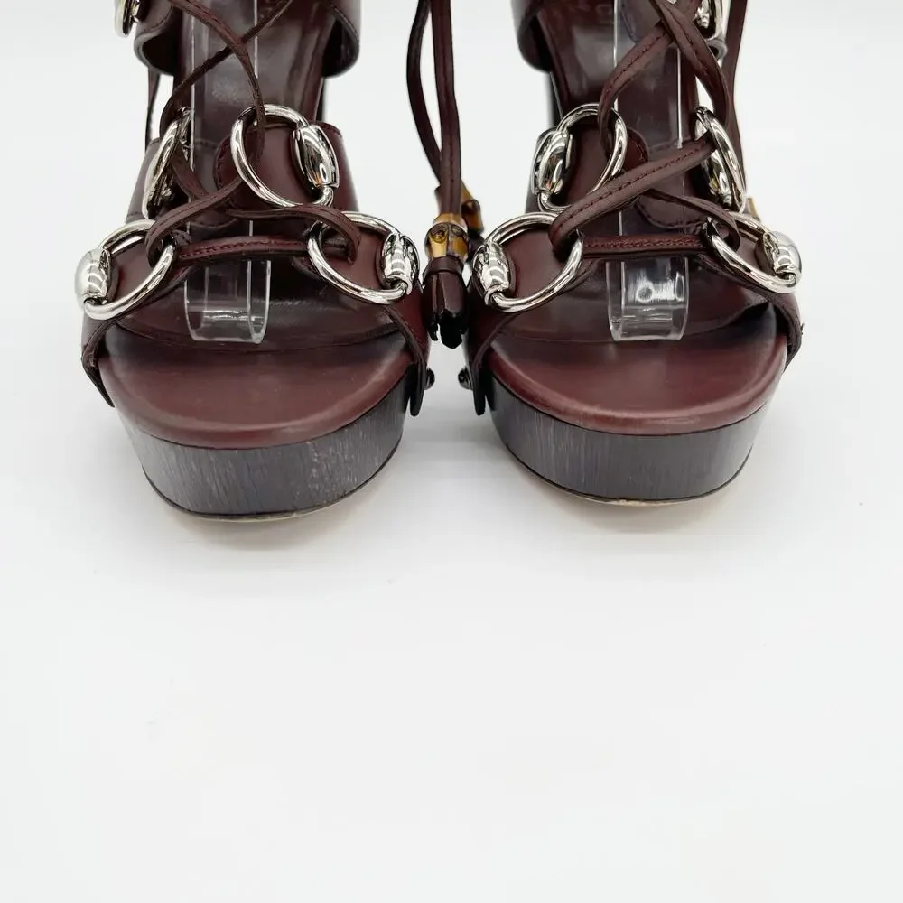 Gucci SS2007 Runway Cage Strappy Platform Lace Up Spice Brown Sandals US 7.5